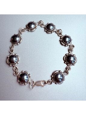 Vintage Modernist Hematite Round Cosmic Panel Sterling Silver 925 Bracelet MCM